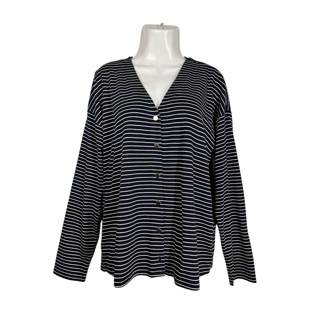 Ann Taylor Button Up Cardigan Women XL Navy Blue White Striped V Neck Sweater